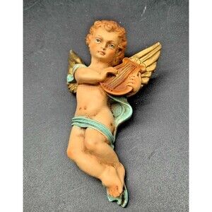 Vintage Resin Hand Painted Angel Cherub with Lyre Hanging Nativity